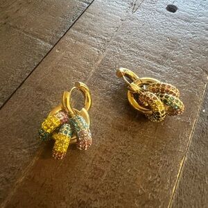 Yellow Gold Hoop Chain Earrings with Multicolor Crystals